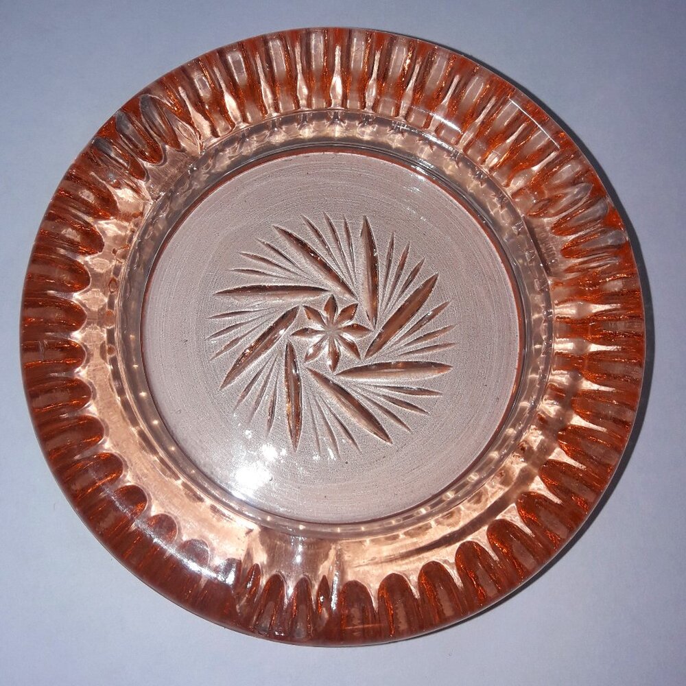 Pink Depression Glass Ashtray Round Flower Pinwheel Pattern 4 Cigarette Slots